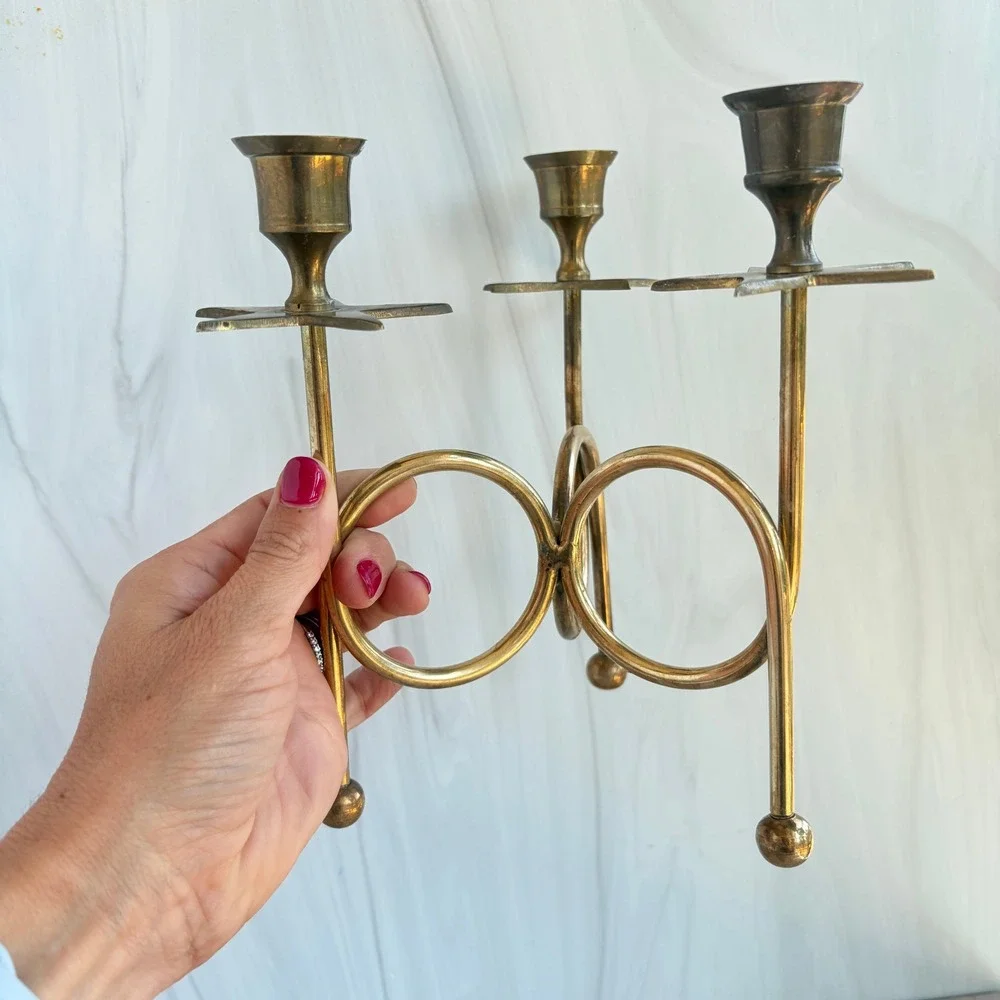 Vintage Brass Star Candelabra Pair Celestial 3-Light Taper Candle Holders Set 2
